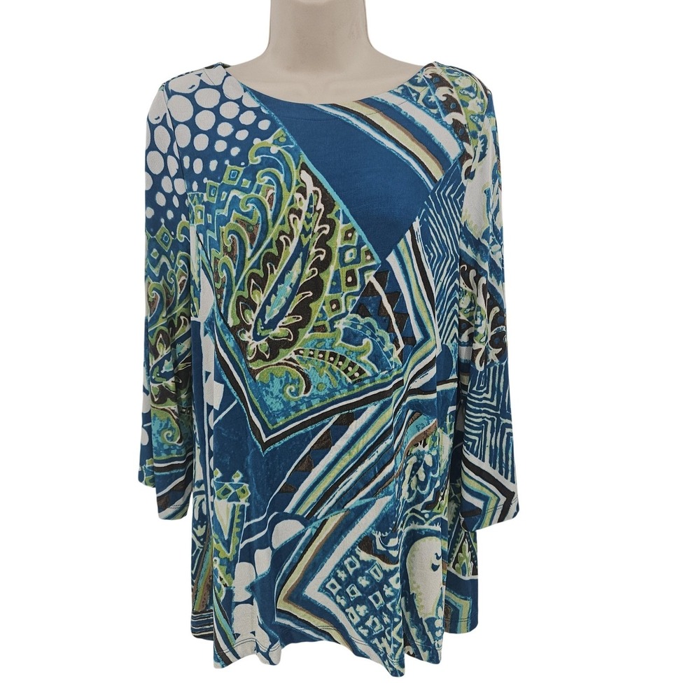 Chico's Travelers Shirt‎ Women 1 Blue Green Abstract Paisley Print Preppy Career